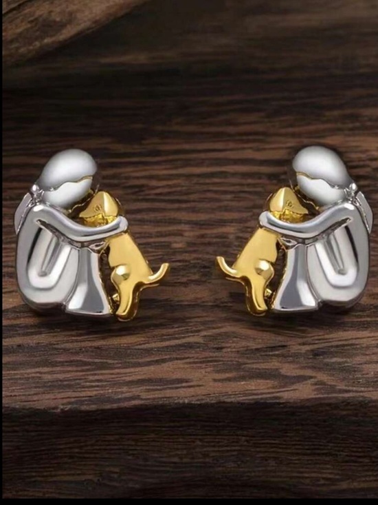 Silver and Gold Hugging Dog Stud Earrings - Picture 4 of 5
